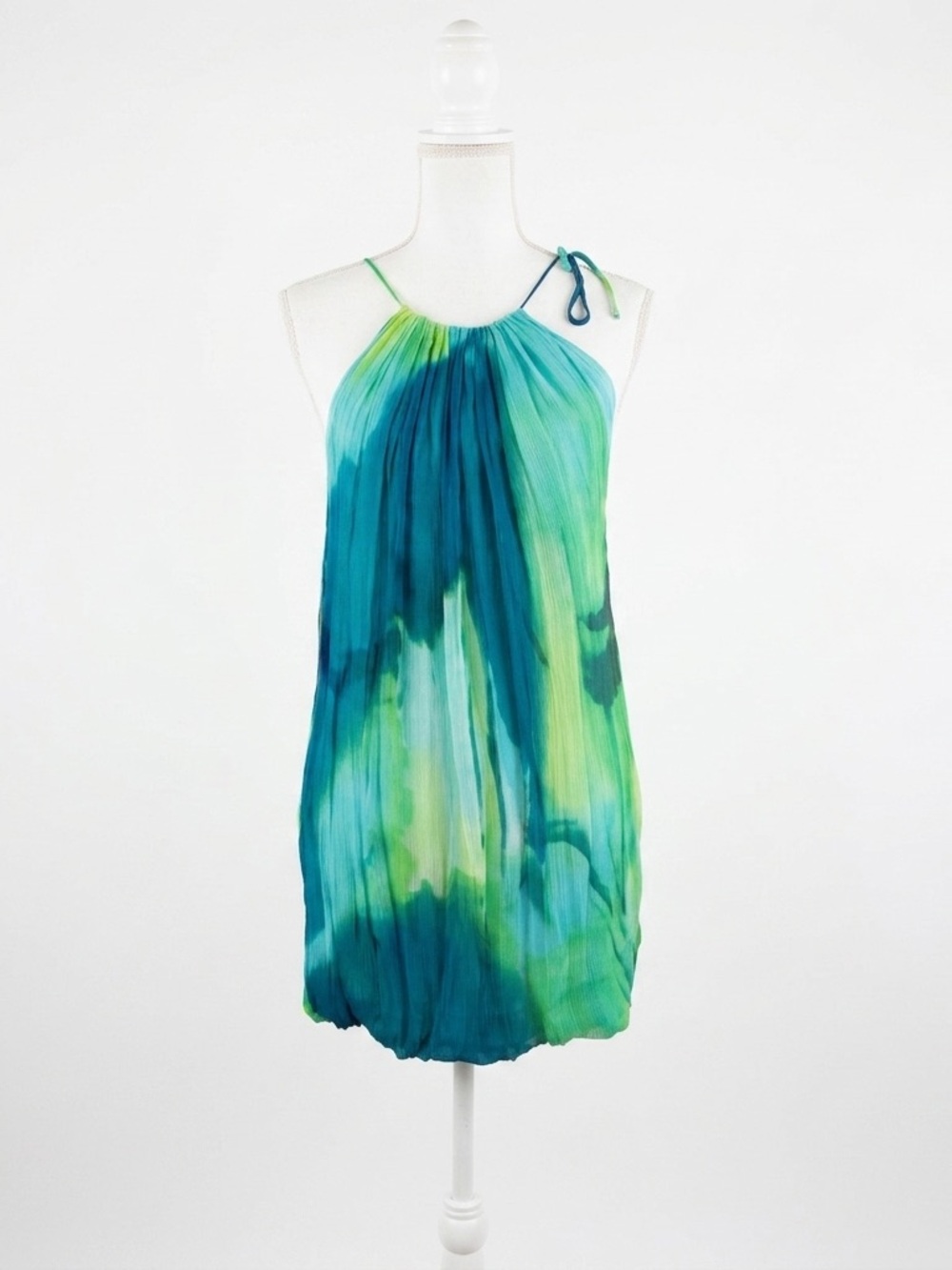 BCBGMAXAZRIA 100% Silk Halter Mini Dress Pleated Watercolor Amazon Multi S
